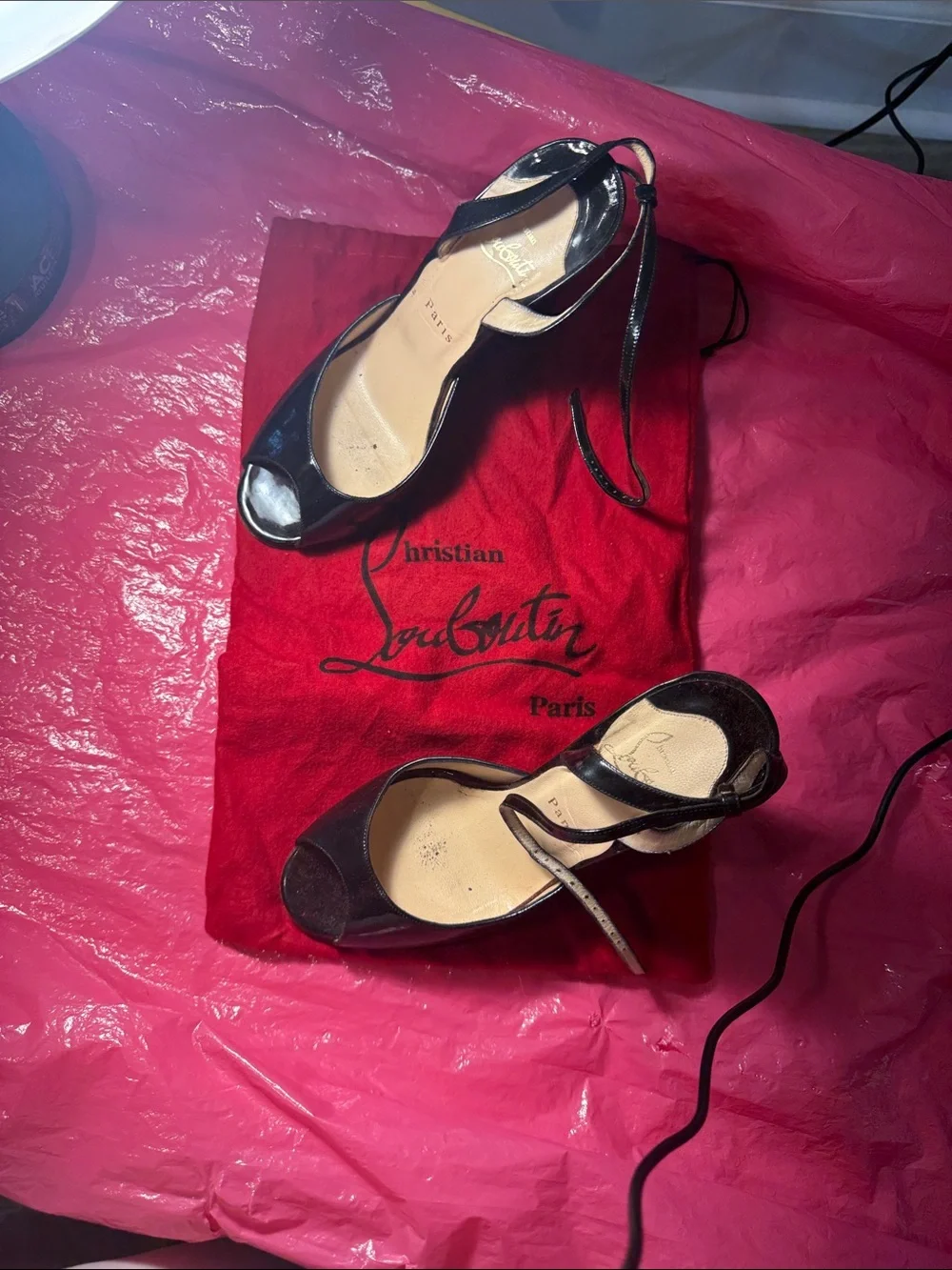 Christian Louboutin Black Patent Peep-Toe Ankle-Tie Heels